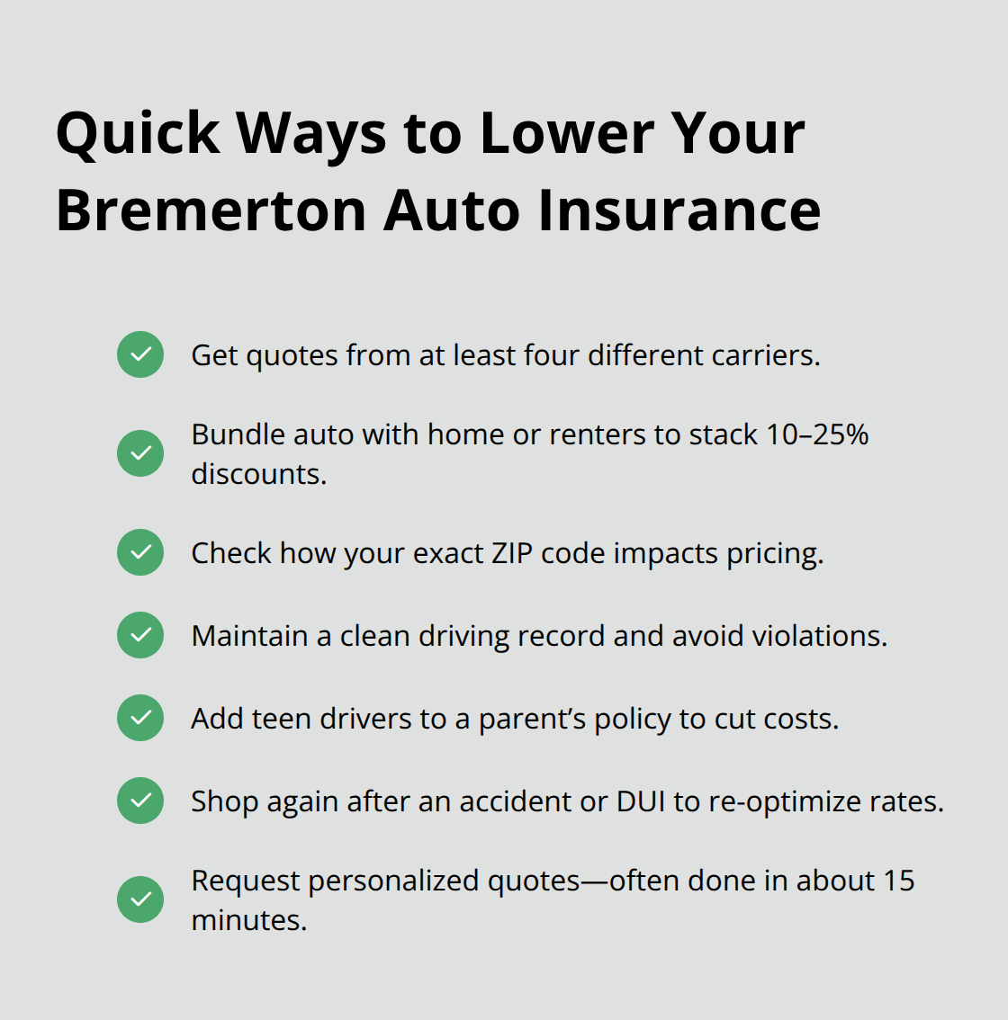 Checklist of actionable steps to reduce auto insurance premiums in Bremerton, WA. - Auto insurance Bremerton WA