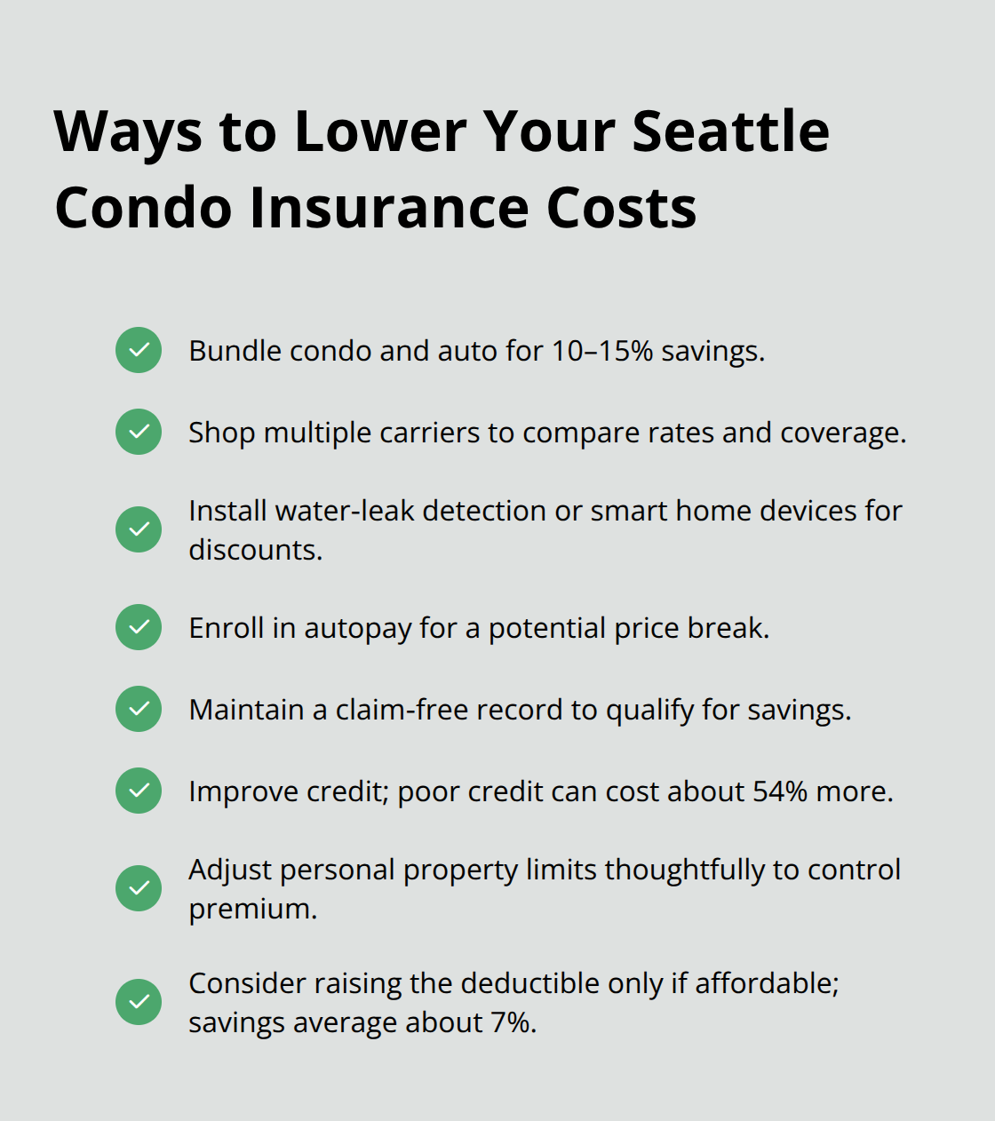 Checklist of discounts and tactics to reduce Seattle condo insurance premiums - Condo homeowners insurance Seattle