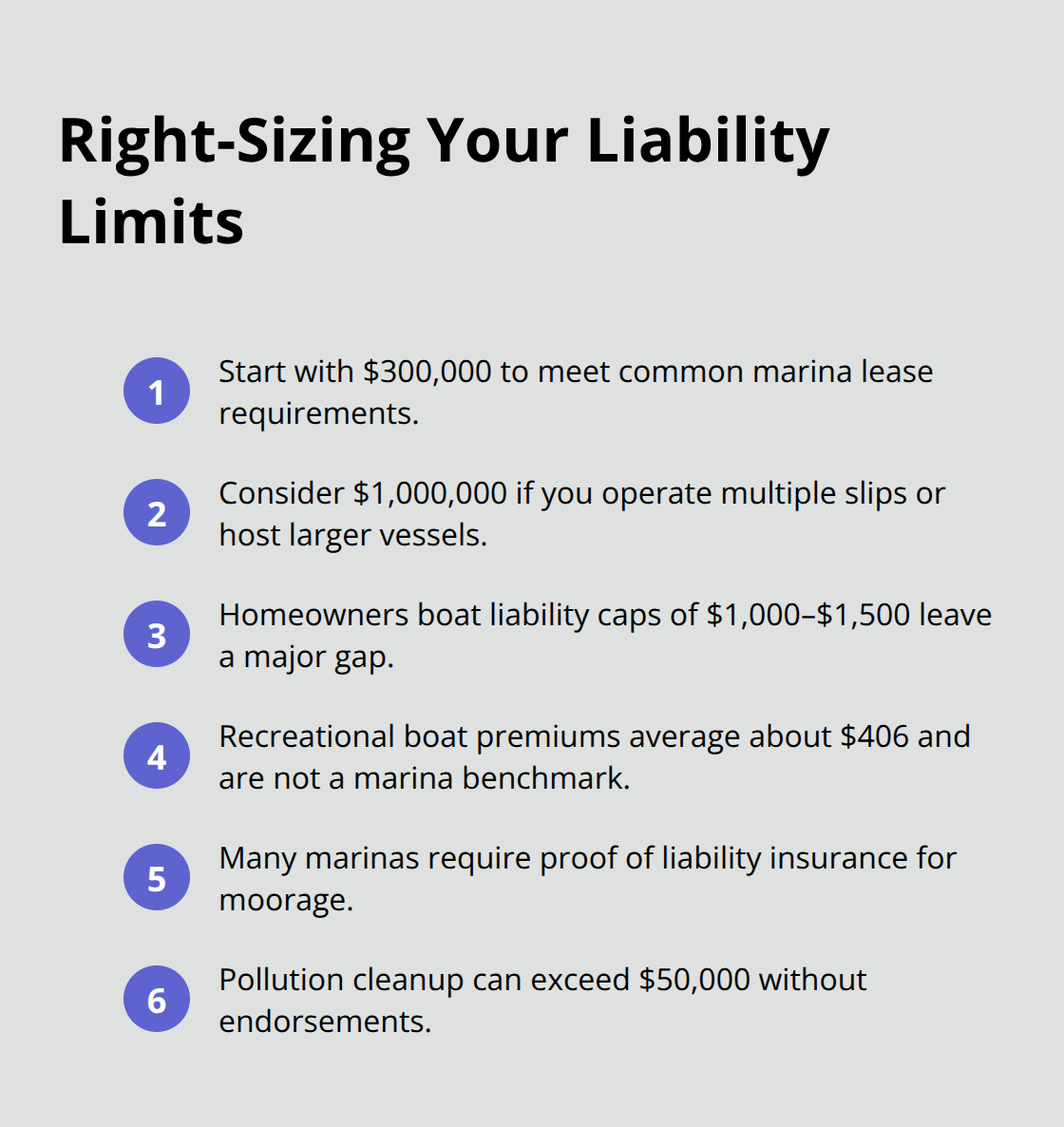 Compact checklist of liability limit guidance for Kitsap marina operators.