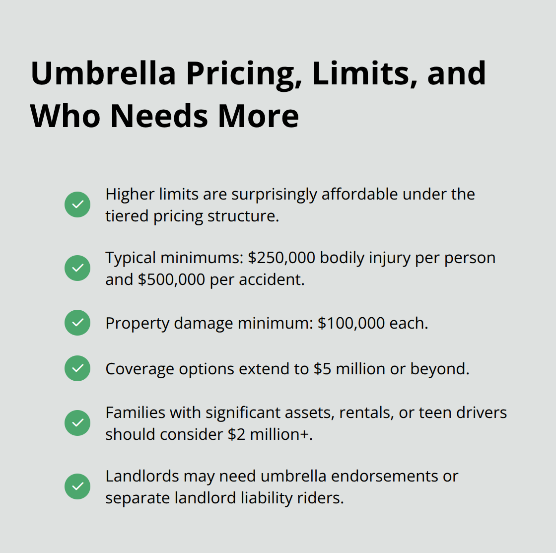 Checklist of pricing structure, minimum underlying limits, coverage options, and higher-limit guidance. - Personal umbrella policy