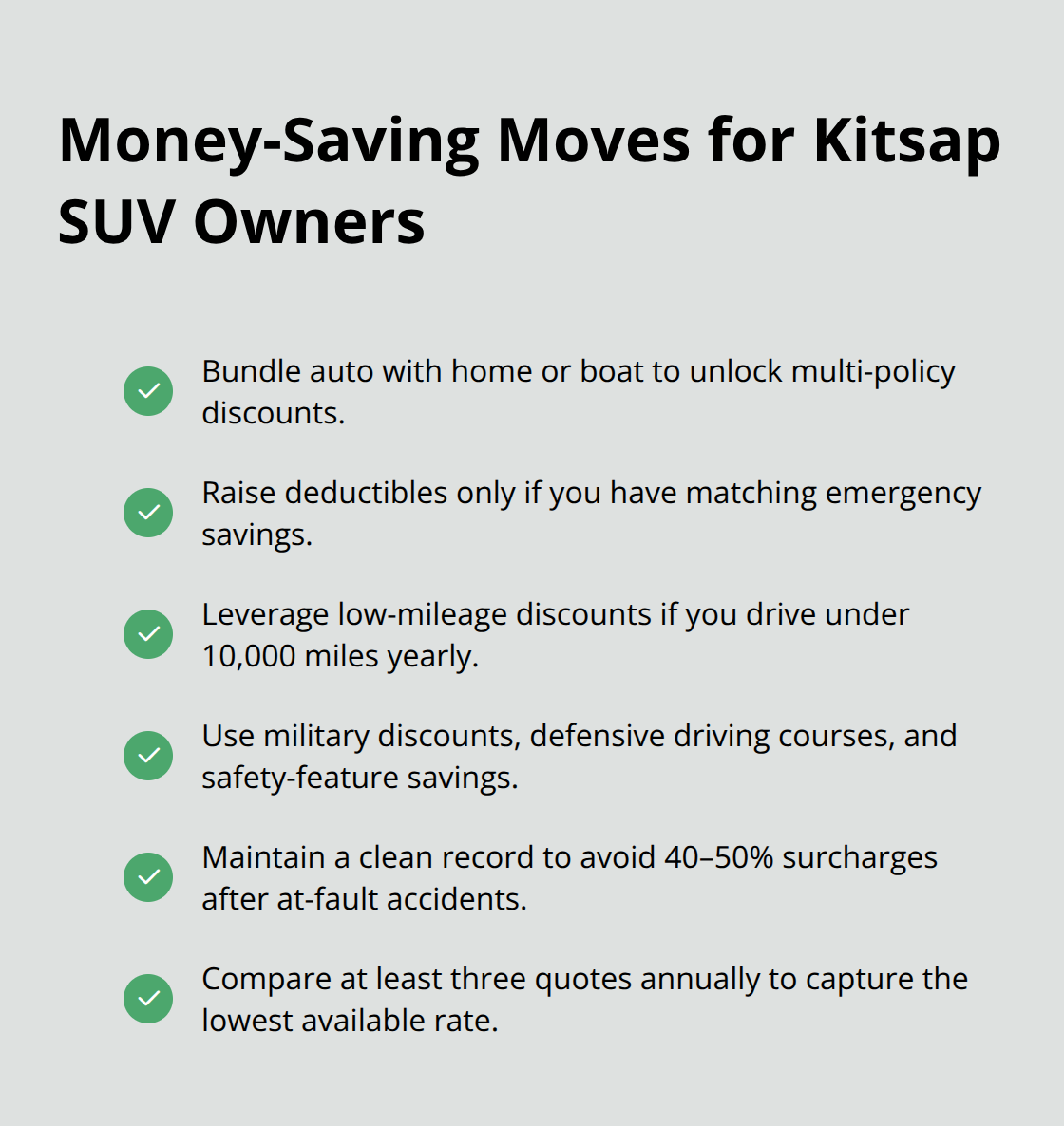 Checklist of actionable SUV insurance savings strategies for Kitsap drivers.