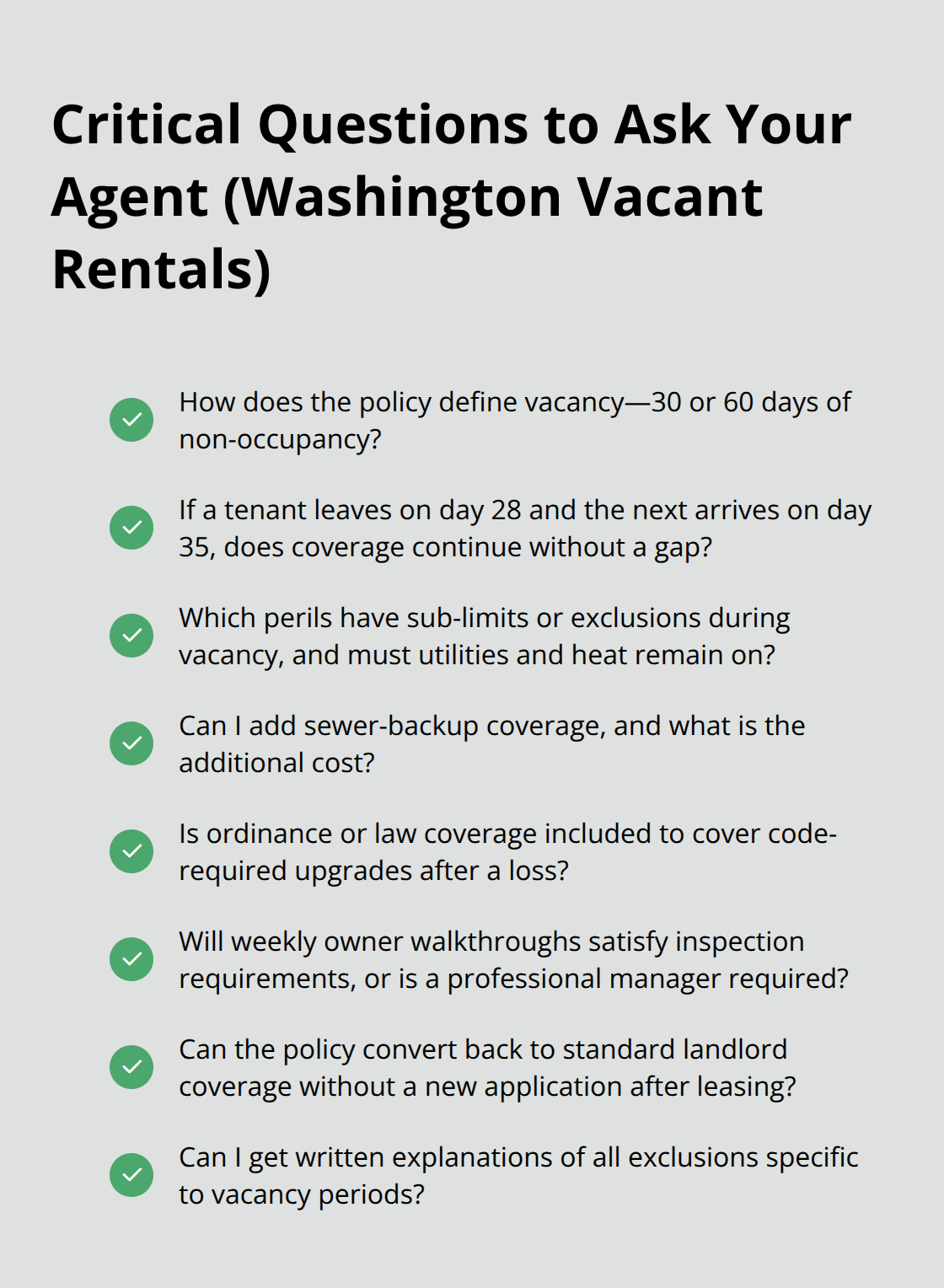 Checklist of key questions Washington landlords should ask before buying vacant rental insurance.