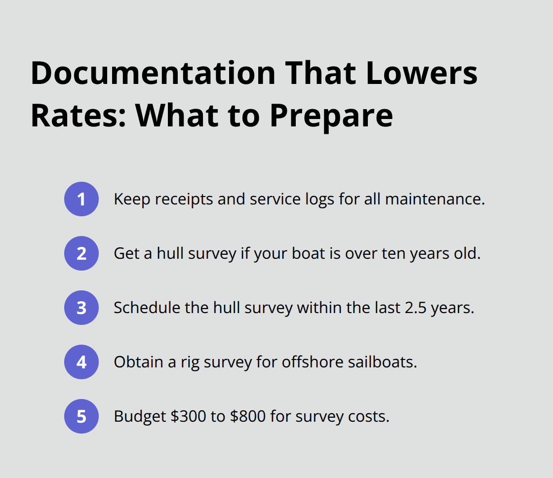 Compact checklist of maintenance records and survey steps, including timing and typical costs, to help reduce boat insurance premiums. - boat insurance discounts