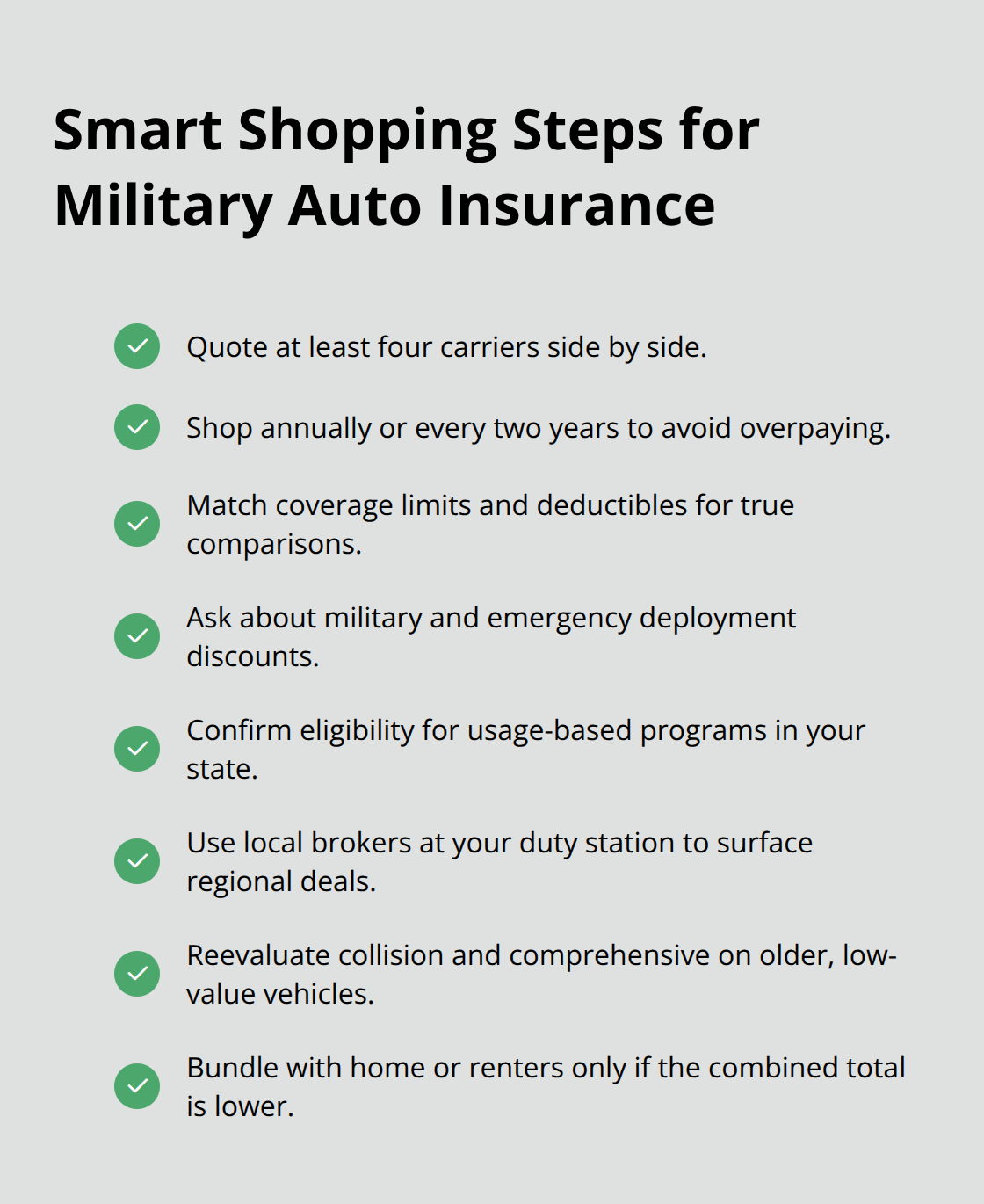 Compact checklist of steps to compare and save on U.S. military auto insurance - military auto coverage